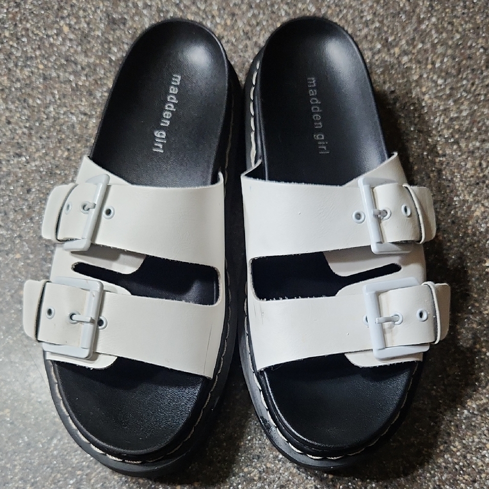 Madden Girl Black and White Double Buckle Slides